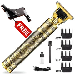 T9 Vintage Metal Hair Trimmer – Cordless Zero Gapped Clipper for Men | USB Rechargeable Beard & Hair Groomer (Gold Dragon Design)