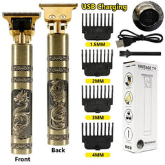 T9 Vintage Metal Hair Trimmer – Cordless Zero Gapped Clipper for Men | USB Rechargeable Beard & Hair Groomer (Gold Dragon Design)