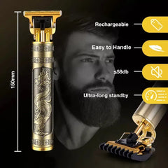 T9 Vintage Metal Hair Trimmer – Cordless Zero Gapped Clipper for Men | USB Rechargeable Beard & Hair Groomer (Gold Dragon Design)