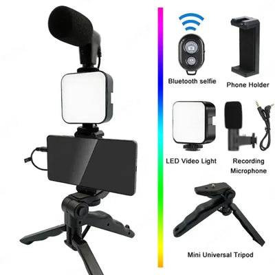 AY-49 Vlogging Kit – Tripod with RGB Ring Light, Microphone & Remote | Video Recording Kit for Smartphone & Camera