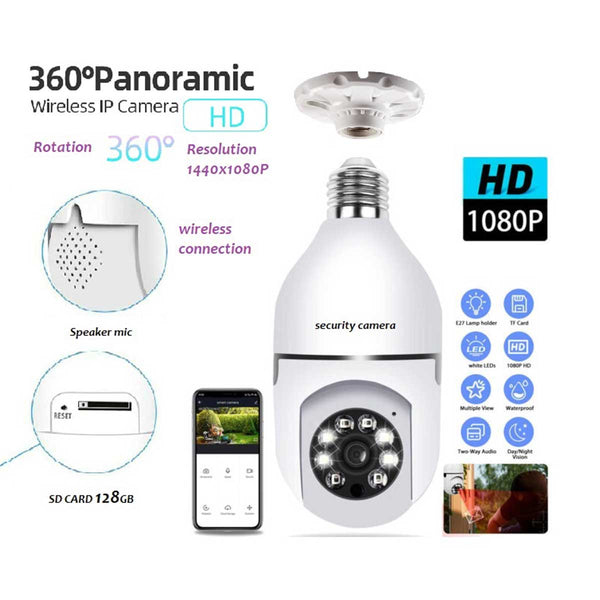 2MP WiFi Security PTZ Camera – 1080P HD IP Bulb Camera with 360° Rotation, Night & Day Full-Color Monitoring | V380 Pro App