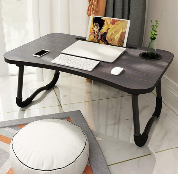Foldable Wooden Study & Laptop Table – Multipurpose Bed Desk with Cup, Pen & iPad Holder | Portable Breakfast & Gaming Table