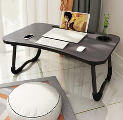 Foldable Wooden Study & Laptop Table – Multipurpose Bed Desk with Cup, Pen & iPad Holder | Portable Breakfast & Gaming Table