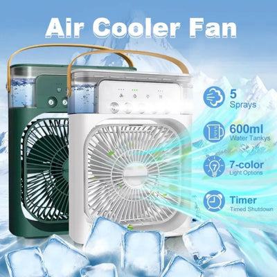 3-in-1 Portable Air Cooler, Humidifier & Night Light | Mist Fan with Ice Tray | Rechargeable & Plug-In Cooling Fan | Water Spray Air Conditioner