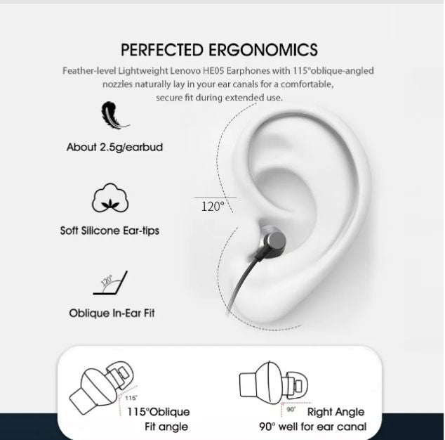 Lenovo HE05 Wireless Bluetooth Neckband Earphones – Long Battery, Hi-Fi Sound & Waterproof (Random Color)