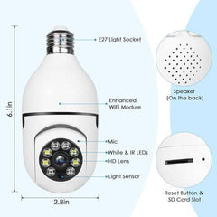 2MP WiFi Security PTZ Camera – 1080P HD IP Bulb Camera with 360° Rotation, Night & Day Full-Color Monitoring | V380 Pro App