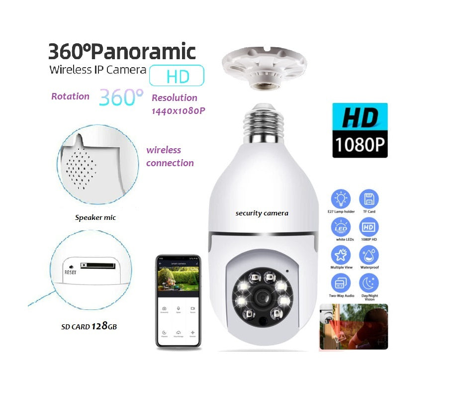 2MP WiFi Security PTZ Camera – 1080P HD IP Bulb Camera with 360° Rotation, Night & Day Full-Color Monitoring | V380 Pro App