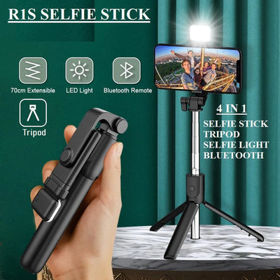 4-in-1 R1S Wireless Selfie Stick Tripod with Bluetooth Shutter – Foldable & Extendable Stand for Vlogging, TikTok & Travel (With/Without Light)