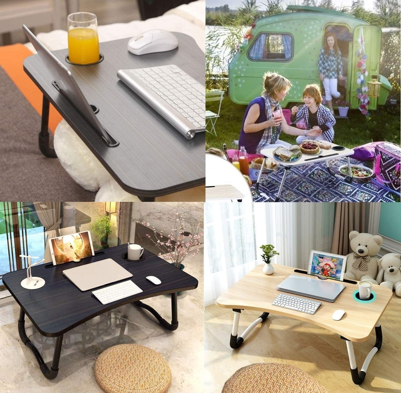Foldable Wooden Study & Laptop Table – Multipurpose Bed Desk with Cup, Pen & iPad Holder | Portable Breakfast & Gaming Table