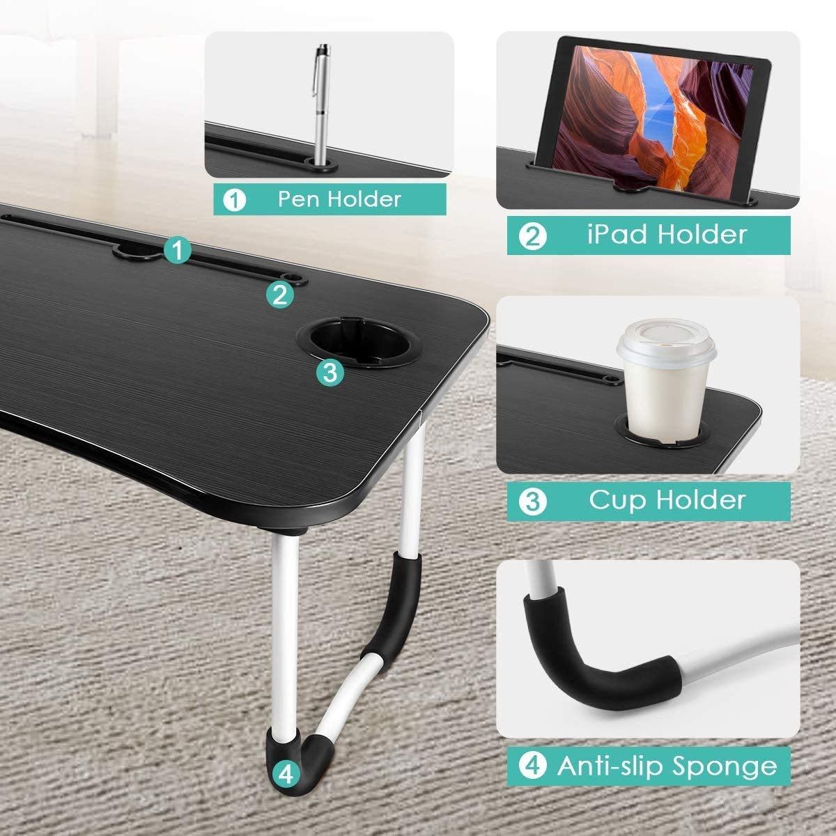 Foldable Wooden Study & Laptop Table – Multipurpose Bed Desk with Cup, Pen & iPad Holder | Portable Breakfast & Gaming Table