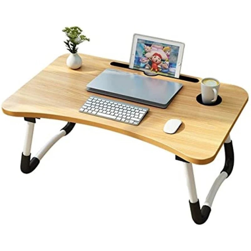 Foldable Wooden Study & Laptop Table – Multipurpose Bed Desk with Cup, Pen & iPad Holder | Portable Breakfast & Gaming Table