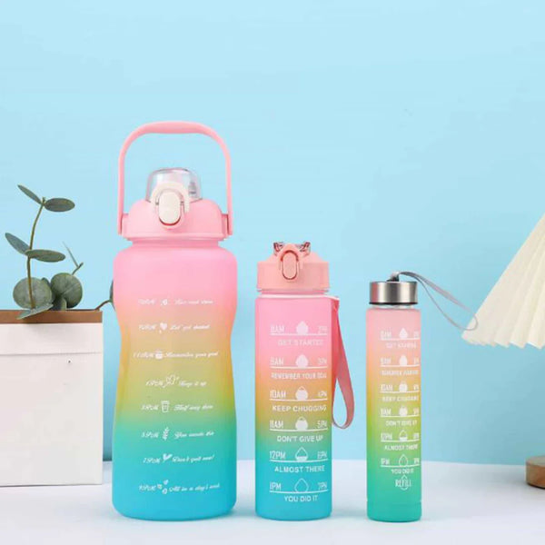 3-Piece Sports Water Bottle Set – Motivational Time Marker & Leak-Proof Flip Top Lid (Random Color)